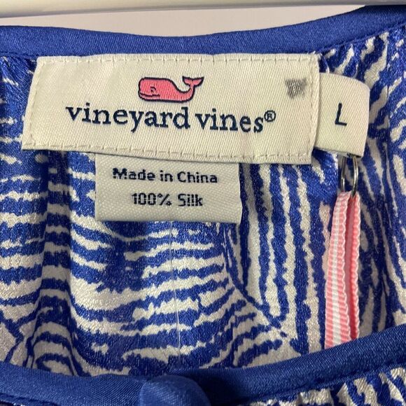 NWT Vineyard Vines Palm Print Tunic Top, Large, 100% silk, blue/white/hot pink - Picture 9 of 14